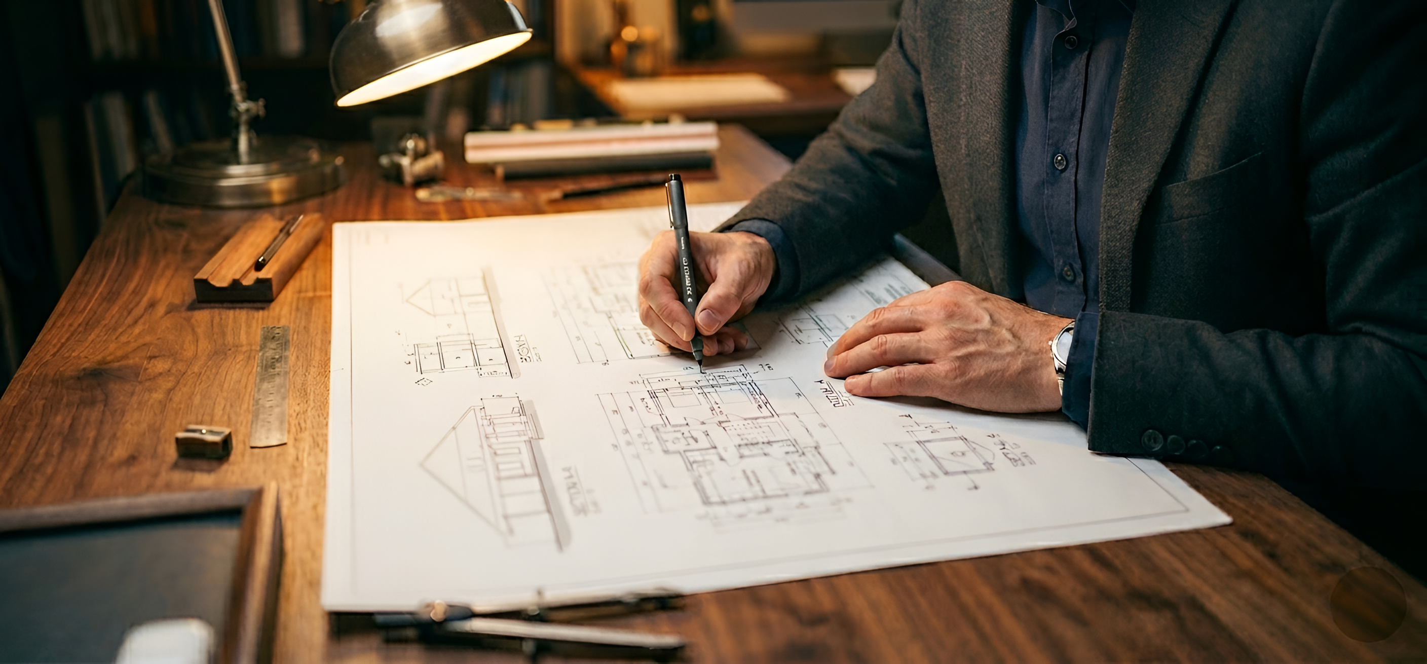 Architect drawing home plans at a drafting desk